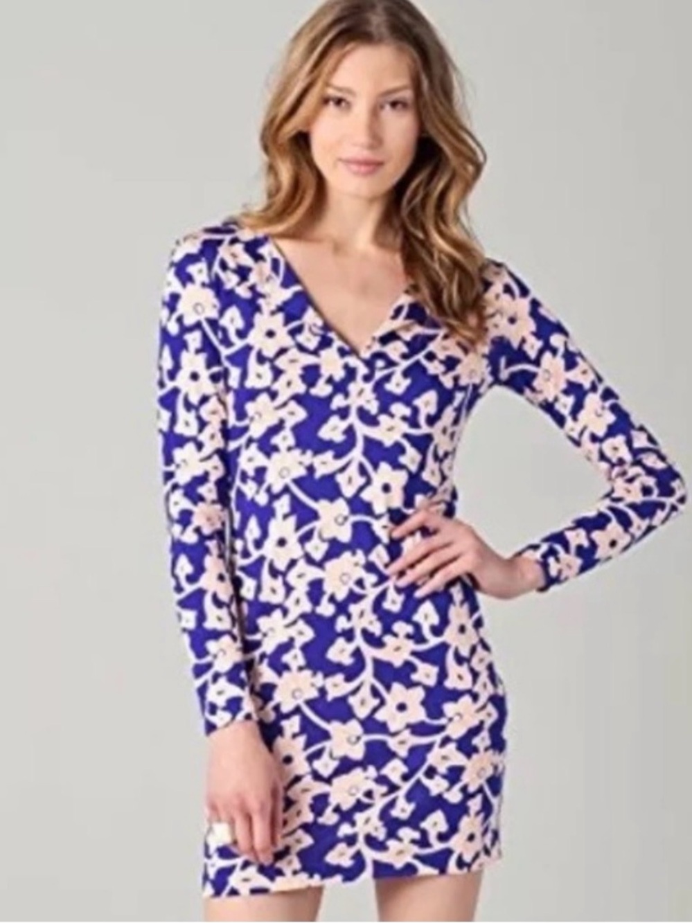 Diane Von Furstenberg Blue and Cream Floral Long Sleeve V-Neck Dress